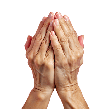 Close-up of elderly hands clasped together in prayer, showcasing wrinkles and aged skin, highlighted against a black background. png