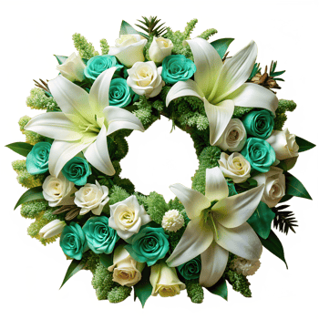 Beautiful floral wreath with white lilies and turquoise roses, perfect for festive decoration or gift. png