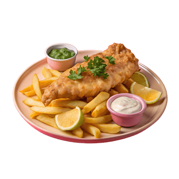 Classic fish and chips served on a plate with lemon wedges, two dipping sauces, and garnished with parsley. Perfect for a tasty meal. png
