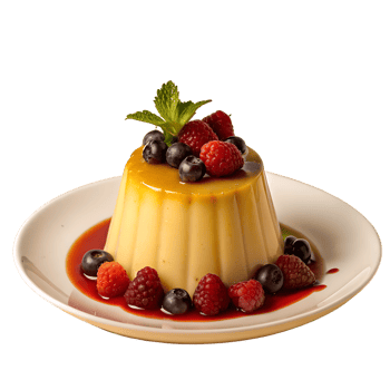 Delicious caramel flan dessert garnished with fresh berries and mint on a white plate. Perfect for gourmet presentations and food photography. png