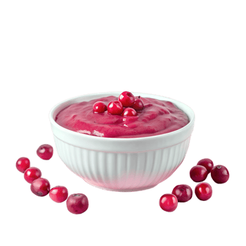 A white bowl filled with creamy cranberry sauce, garnished with fresh cranberries, isolated on a white background. png