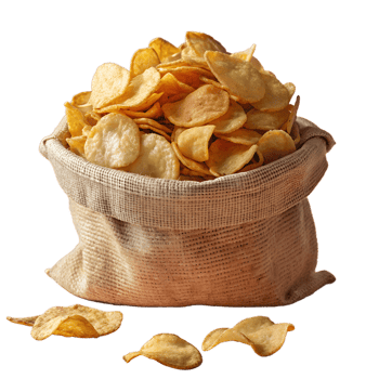 A large, rustic burlap sack overflowing with crispy, golden potato chips, perfect for snacks or parties. png