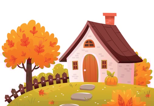 Cute autumn house.Fall season landscape, countryside scenery, autumn mood. Rustic houses, cozy cottages illustration.Cartoon hand draw vector
