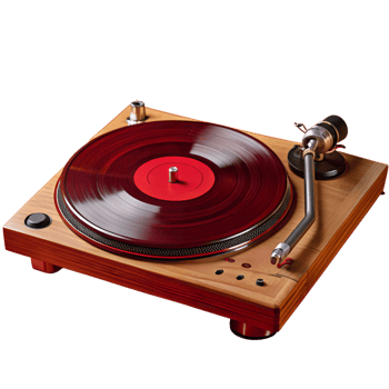 Vintage wooden turntable playing red vinyl record. Perfect for retro music enthusiasts and collectors. Capture the nostalgia of analog sound. png
