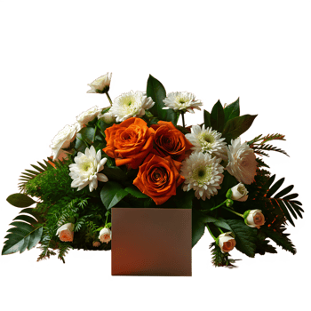 Vibrant floral arrangement with white daisies and orange roses in an elegant gray box, perfect for celebrations and gifting. png