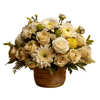 Elegant arrangement of white and cream flowers in a brown pot, featuring roses, daisies, and mums, perfect for home decor and special occasions. png