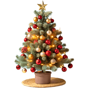 Festive Christmas tree decorated with red and gold ornaments, illuminated with warm lights, creating a joyful holiday ambiance. png