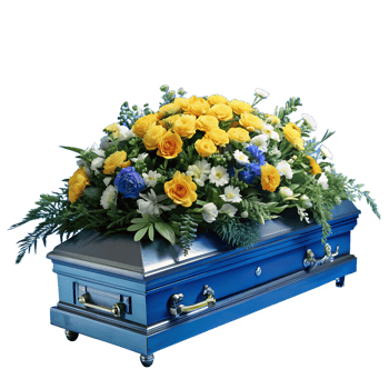 Elegant blue casket with a beautiful floral arrangement of yellow, white, and blue flowers, symbolizing peace and remembrance. png