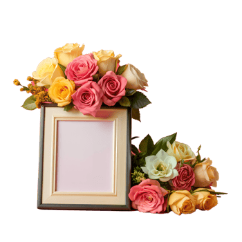 Elegant photo frame adorned with vibrant roses and flowers, perfect for romantic or wedding themes. Beautiful floral arrangement on display. png