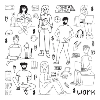 Cute hand drawn doodle set with people, men women. Stay Home, work in home. Freelance. vector