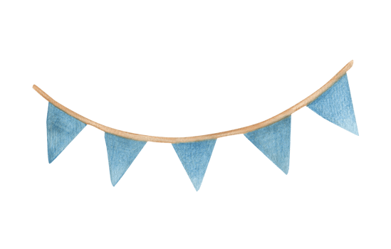 Watercolor illustration of a waving garland of flags in blue. Long medieval flag, isolated. Hand drawn, sketch png