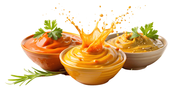 A vibrant image of three bowls with different sauces splashing, garnished with parsley and a touch of rosemary, capturing food in motion. png