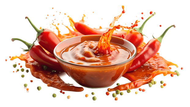 A vibrant splash of hot sauce in a bowl surrounded by fresh red chili peppers, highlighting the flavor and spice of this condiment. png