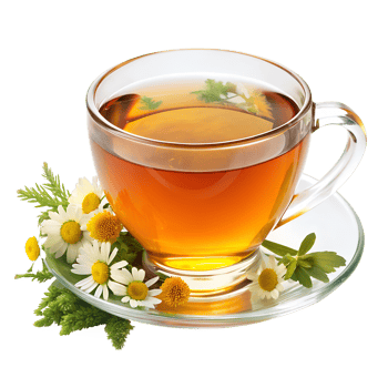 A cup of chamomile tea with fresh chamomile flowers on a saucer, perfect for a relaxing and soothing experience. png
