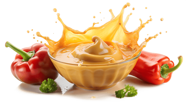 A bowl of mustard splashing with red and orange bell peppers around it, isolated on white background. png