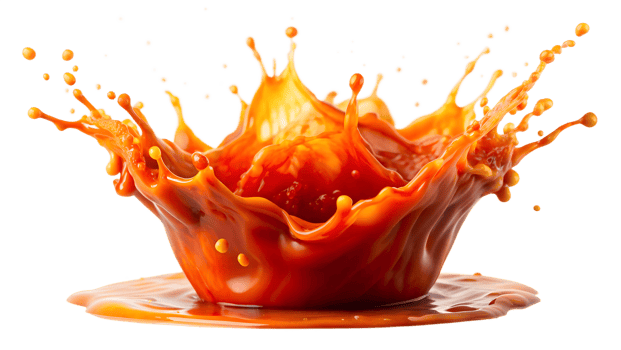 Dynamic splash of red-orange liquid captured in motion, isolated on white background, emphasizing vibrant colors and fluid movement. png