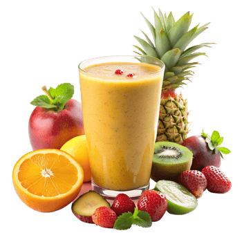 A refreshing smoothie surrounded by a variety of fresh fruits including pineapple, orange, apple, kiwi, and strawberries. png