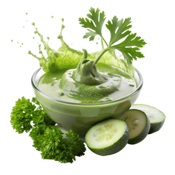 Fresh and healthy green smoothie in a bowl garnished with parsley and cucumber slices, perfect for a nutritious meal. png