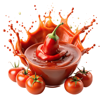 Close-up of a red chili pepper splashing into a bowl of spicy tomato sauce surrounded by fresh tomatoes. Vibrant and energetic food concept. png