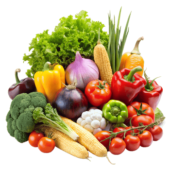 A vibrant assortment of fresh vegetables including peppers, onions, lettuce, broccoli, tomatoes, corn, and garlic arranged on a white background. png
