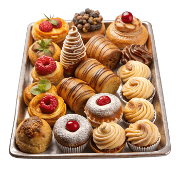 A tray filled with a variety of delicious pastries including cream puffs, tarts, eclairs, and cupcakes, garnished with fruits and chocolate. png
