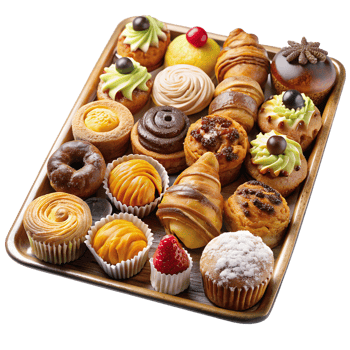 A delicious variety of freshly baked pastries, including croissants, muffins, and tarts, beautifully displayed on a wooden tray. png