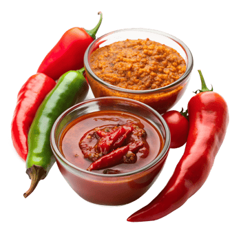 Fresh chili peppers and spicy sauces in bowls on a white background. Perfect for cooking and food-related projects. png