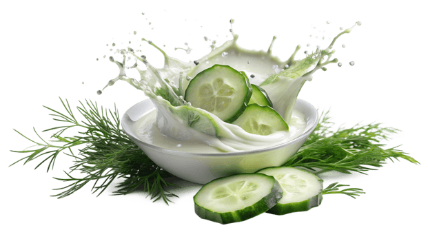 Fresh cucumber slices with dill in a splash of creamy yogurt, highlighting healthy and refreshing ingredients in a white bowl. png