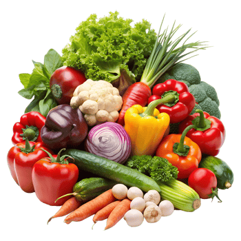 Fresh organic vegetables including bell peppers, carrots, lettuce, broccoli, cauliflower, and onions, isolated on a white background. png