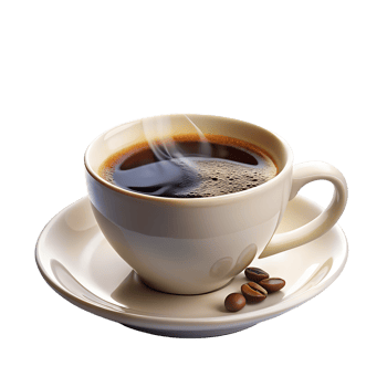 Hot cup of steaming coffee with coffee beans on a white saucer, captured in a cozy kitchen setting. png