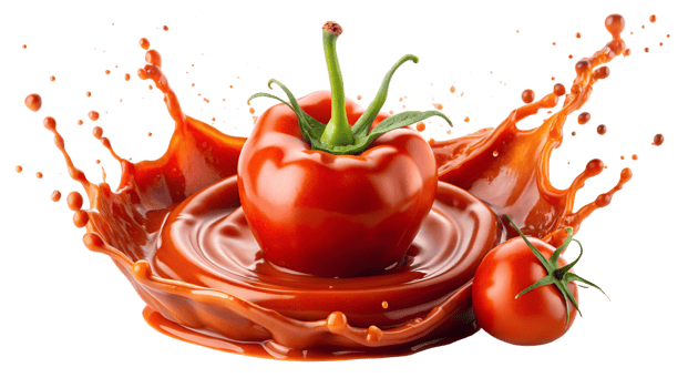 Fresh tomato splashing into tomato sauce, showcasing vibrant colors and freshness, perfect for culinary and cooking themes. png