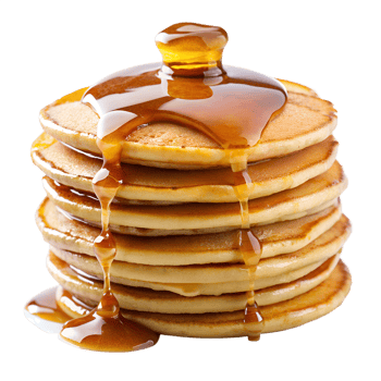 Stack of fluffy pancakes topped with syrup, perfect for breakfast. Delicious, golden, and mouth-watering pancakes with sweet syrup. png