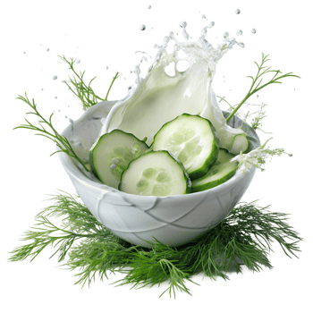 Fresh cucumber slices in a bowl with milk splash and dill garnish, highlighting healthy eating and nutritious ingredients. png