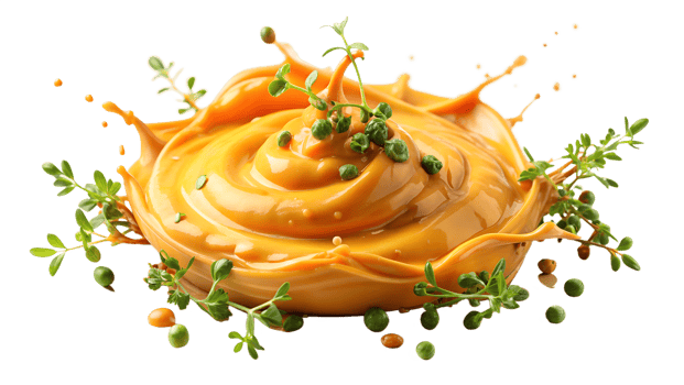 Fresh creamy sauce splash with herb and peas, isolated on white background. Vibrant and delicious culinary ingredient. png