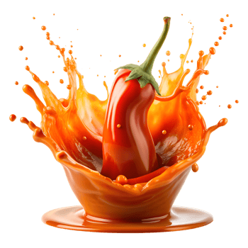 Red chili pepper splashing into vibrant orange sauce, isolated on white background, symbolizing spicy flavor and culinary heat. png