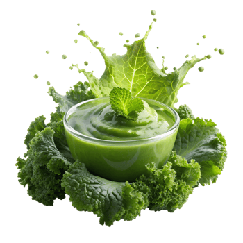 Fresh green vegetable smoothie with vibrant lettuce leaves and kale. Healthy detox drink rich in vitamins on white background. png