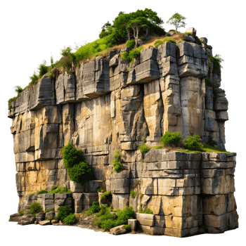 Impressive view of a massive rocky cliff with greenery on top, showcasing natural geological formations in a rugged landscape. png