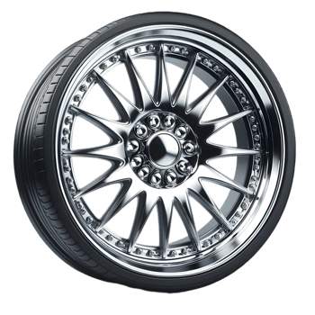 Wheel with a black rim and chrome spokes isolated from background png