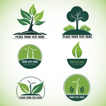 Environment Logo Templates. Set of logos for ecology events and companies. Stickers for sustainable industry, clean energy, green energy, greenhouse gas, climate change. vector