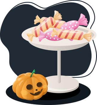 Halloween candies lying on table with jack o lantern pumpkin celebrating halloween vector