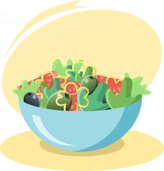 Blue bowl overflowing with fresh salad ingredients on yellow background vector