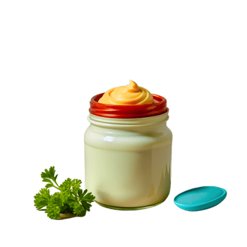 A jar of creamy mayonnaise with parsley garnish and blue lid on white background. png