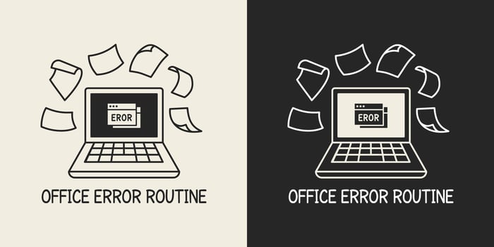 Humorous design that says office error routine. Illustration of a laptop error with scattered papers suitable for printable products. vector