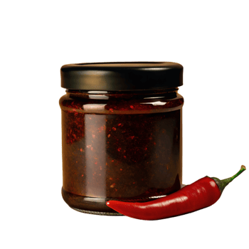 A jar of spicy red chili sauce with a whole red chili pepper, isolated on a white background. png