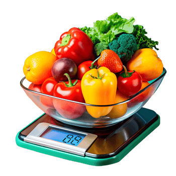 Bowl of fresh vegetables and fruits on digital kitchen scale, including peppers, strawberries, broccoli, oranges, for healthy eating and diet. png