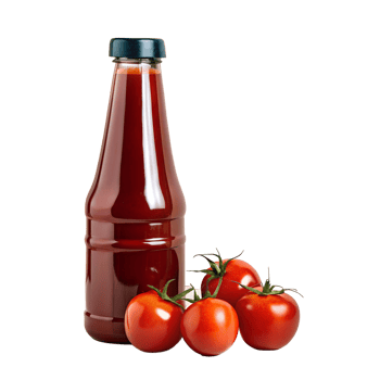 Close-up of a bottle of tomato sauce with fresh tomatoes on a white background, highlighting the natural and fresh ingredients used. png