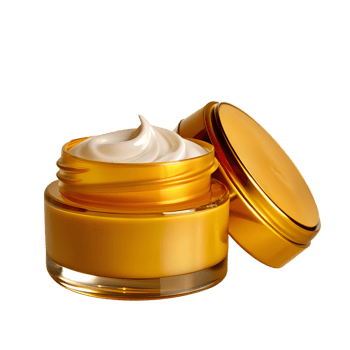 Luxury gold cosmetic jar with face cream. Elegant skincare product packaging. Perfect for beauty and wellness advertising. png