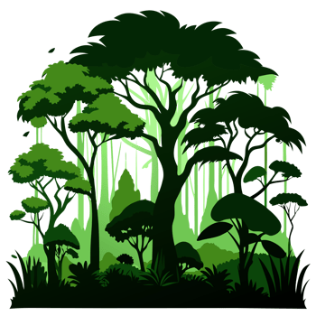 A lush, vibrant forest illustration with dense green foliage and towering trees, encapsulating the beauty of nature. png