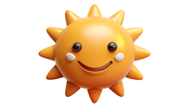 Bright 3D smiling sun icon with vibrant colors and a cheerful expression, perfect for summer-themed designs and creative projects. png