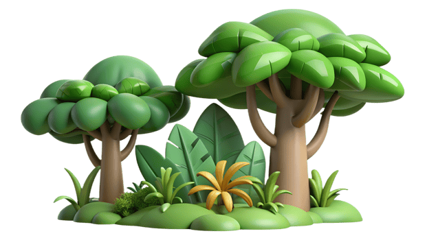 3d cartoon trees and plants on a white background png